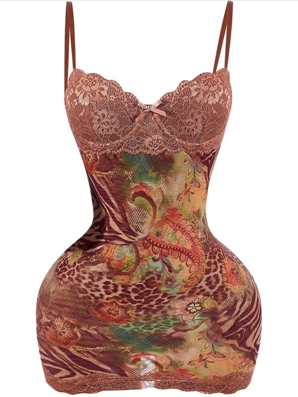 Floral & Animal Print Lace-Trim Slip Dress - Brown